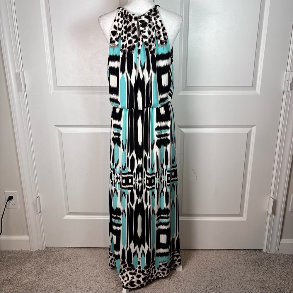 London Style Collection Geometric Ikat Leopard Print Maxi Dress Teal Black Sz 12 - Picture 6 of 11